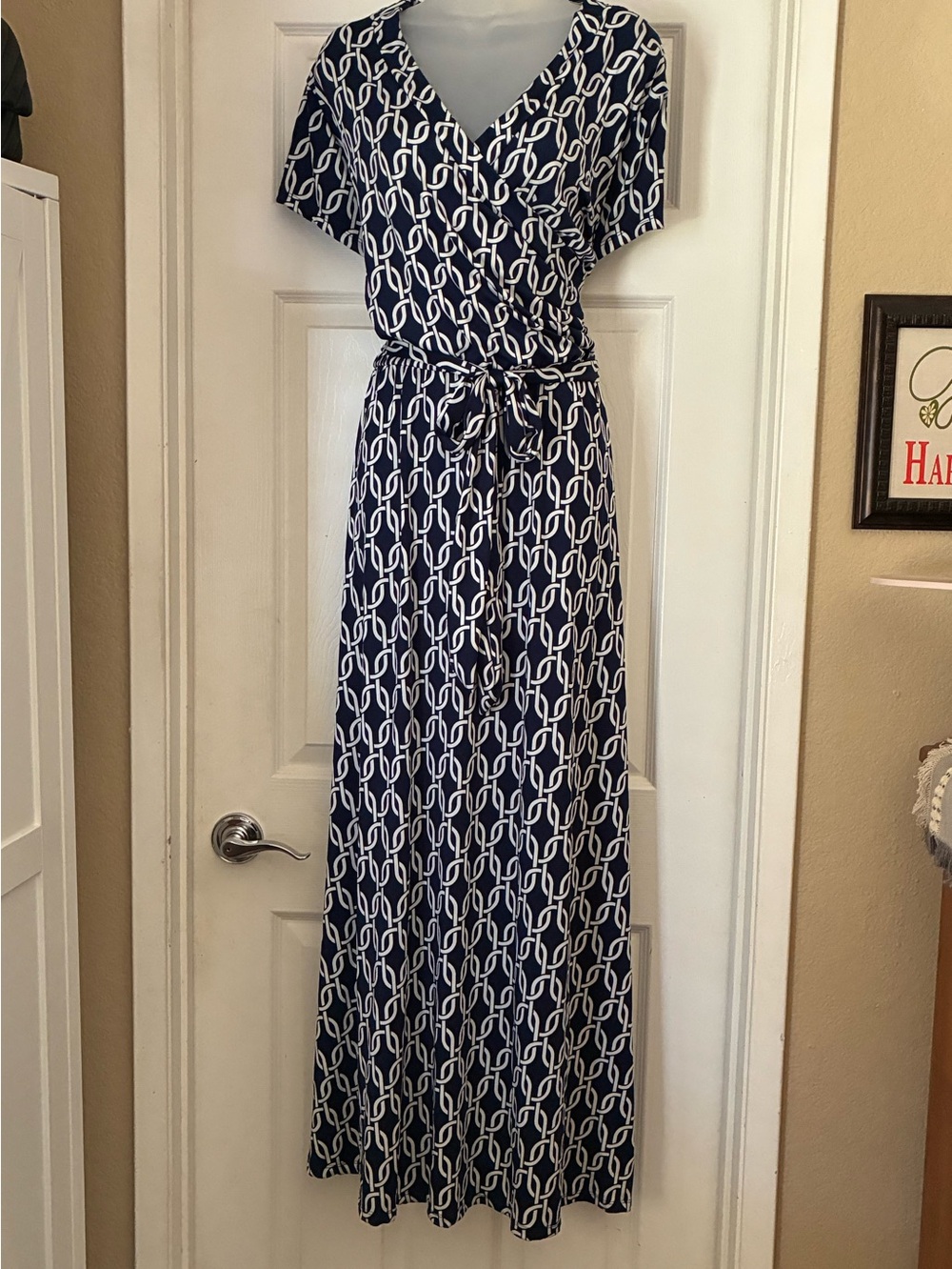 Lexington Avenue Chain-Print Navy and White Wrap Maxi Dress